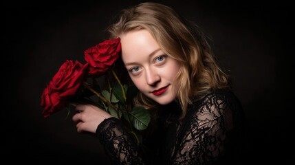 A woman holds red roses, wearing a black lace top against a dark background