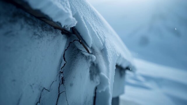 Close-up of Cracked Snow and Ice on a Roof with a Focus on the Fragility and Beauty of Winter s Cold Conditions