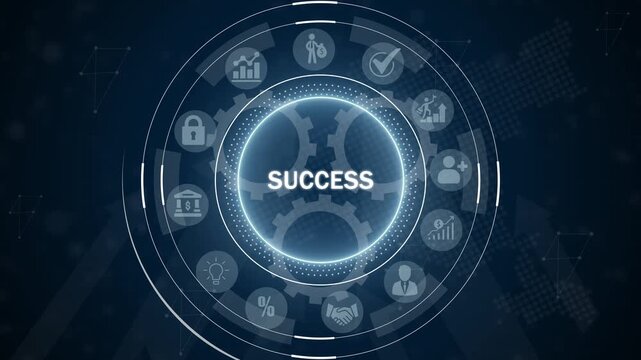Glowing circular interface with the word SUCES at its center, surrounded by business on a dark blue abstract digital background symbolizing achievement