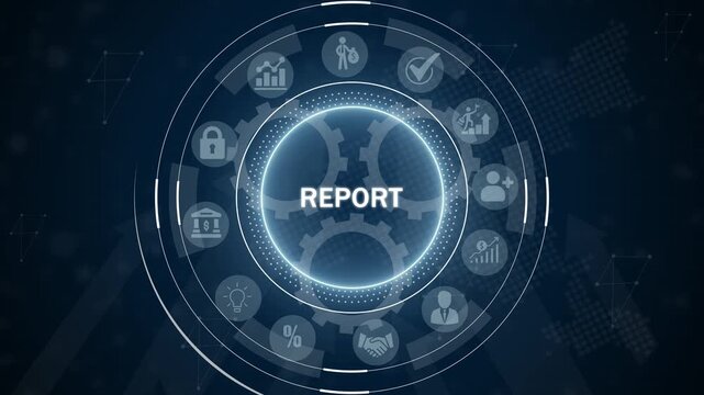 Digital circular interface with the word REPORT in the center and surrounding representing business data and financial summaries on a dark blue technological network background