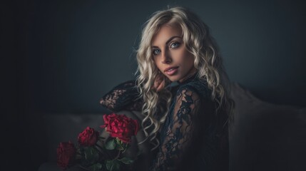 Portrait of a woman with curly blonde hair and red roses, draped in lace