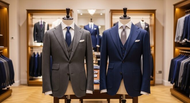Bespoke suits on mannequins displayed in a well-lit menswear shop