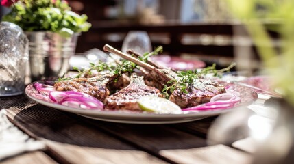 Plate of cooked lamb ribs with garnish, arranged on a table with a blurred background
