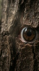 Brown eye peering through textured bark of a tree, blending nature and surrealism, creating a whimsical and imaginative visual experience