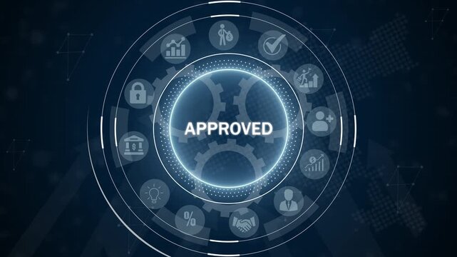 Central glowing circle displaying the word APROVED in white text, part of a complex digital interface with business and finance on a dark blue abstract background with network