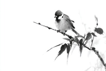 Monochrome brush painting depicts a small bird perched on a branch with leaves