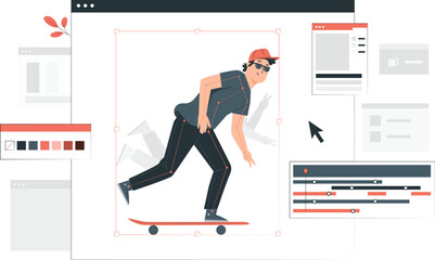 A young man skateboarding dynamically on a red skateboard in an urban environment from a side viewpoint © Shagor