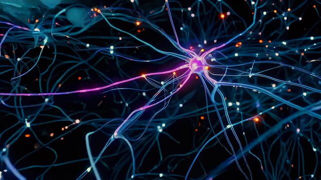 single purple neuron firing with glowing axon and branching dendrites, synaptic transmission visualized with neurotransmitter sparks, neuroscientist modeling cellular impulse propagation