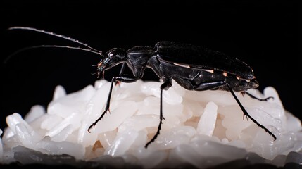 A black beetle with long antennae rests on a pile of white rice against a black backdrop
