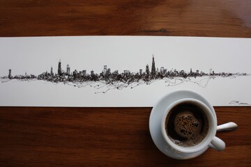 Black ink sketch of a city skyline paired with a cup of coffee on a wood surface