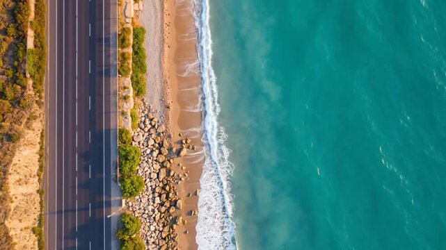 Aerial Drone View: Coastal Highway Meets Turquoise Ocean Waves and Rocky Beach