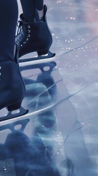 Close-up Ice Skating Blades Gliding on Frozen Outdoor Rink