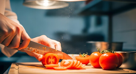 Culinary Precision: A skilled chef meticulously slices ripe tomatoes on a wooden cutting board, preparing ingredients for a delicious meal, showcasing culinary expertise.