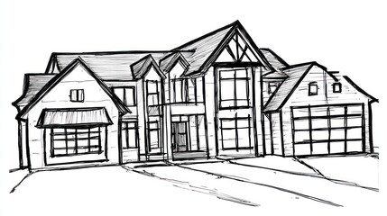 Pen-and-ink illustration of a large, multi-gabled residential structure with a drive