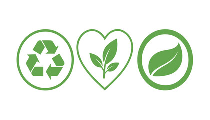 Obraz premium Eco Friendly Green Recycling Icons Set on White Background. Sustainable Environment Icons with Recycle and Leaf Symbols. Green Ecology and Recycling Symbol Collection.
