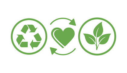 Eco Friendly Green Recycling Icons Set on White Background. Sustainable Environment Icons with Recycle and Leaf Symbols. Green Ecology and Recycling Symbol Collection.