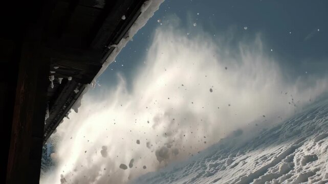 Dynamic winter scene capturing snow avalanche from a snowdrift on a roof with dramatic sky and falling snow