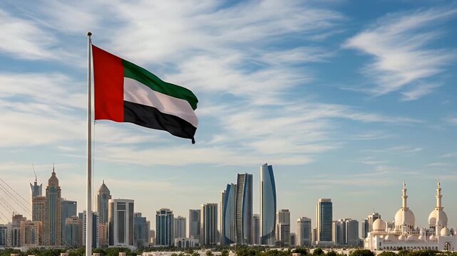 uae flag over dubai skyline with modern skyscrapers and blue sky