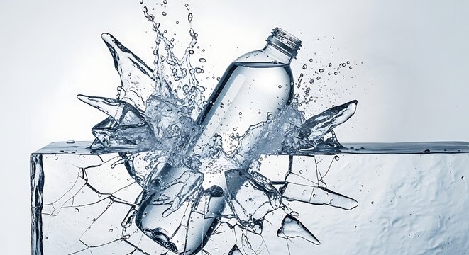 Plastic bottle exploding in slow motion with water splashing out.