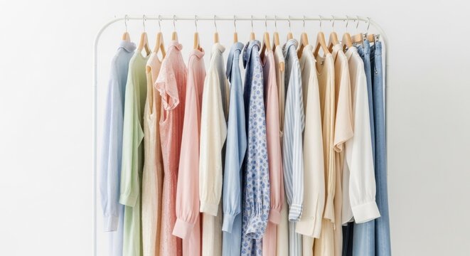 Pastel clothes hanging neatly on a white rack, minimalist aesthetic