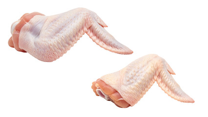 Two raw chicken wings, one above the other, isolated against a plain black background. The wings show details and textures