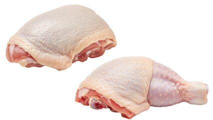 Two raw chicken legs, one thigh and one drumstick, are presented against a stark black background. The fresh poultry is ready for cooking