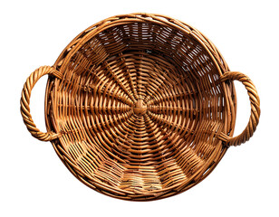 Fototapeta premium A round wicker basket with sturdy handles, top-down view highlighting intricate weavi transparent background 