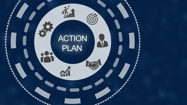 Business action plan concept with for teamwork growth target and handshake on a dark blue background Keywords: action plan, business, concept, teamwork, growth, target, handshake