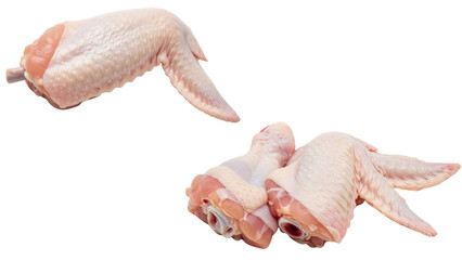 Two raw chicken wings, one drummette, and a mid-section, isolated on a solid black background. Perfect for culinary presentations
