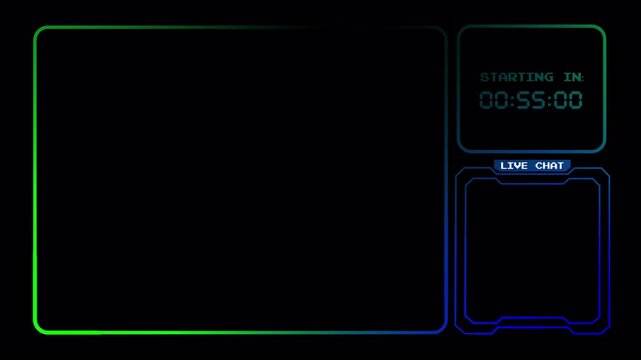 Animated Twitch Stream Intermission Overlay: Webcam Border, Live Chat, and Neon Countdown Timer 4k video animation seamless loop
