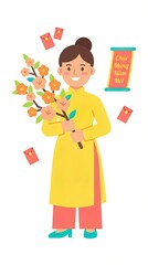 Fototapeta premium Flat cartoon drawing of a Vietnamese woman wearing a yellow ao dai holding apricot blossoms, Tet holiday concept, simple shapes, bright colors, isolated on white background, vector illustration 