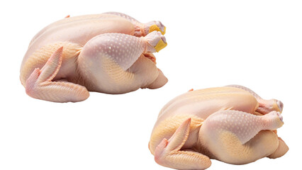 Two raw whole chickens, positioned on a stark black background. The poultry appears fresh and ready for cooking. They have a light pinkish skin tone