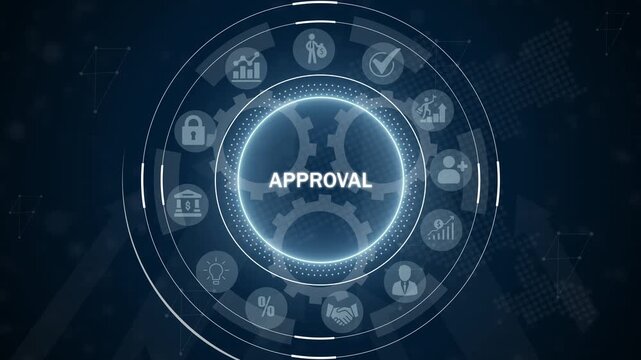 Digital interface with the word APROVAL in a luminous central circle surrounded by symbolizing business success financial transactions and user consent on a dark blue technological