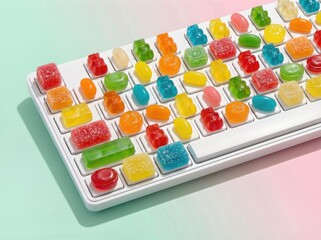 Colorful candy-themed keyboard with gummy bears and jelly sweets replacing keys, creating a whimsical and playful atmosphere in a surreal digital landscape