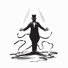 Magician On Stage In Tuxedo Performing Magic Silhouette Vector