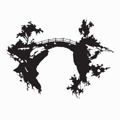 Fototapeta premium Old Bridge Over Between Two Big Rocks Silhouette Vector on White Background