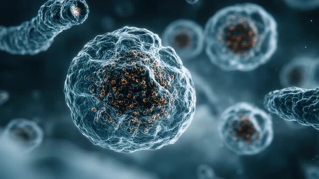 Immersive microscopic view of biological cell membranes and organelle textures molecular biology, medical microscopic 3D rendered cell cluster with visible nucleus and organelles, scientific