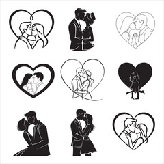 Stylish couple kissing inside heart silhouette design