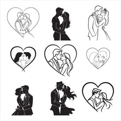 Romantic couple kissing under heart elegant black silhouette