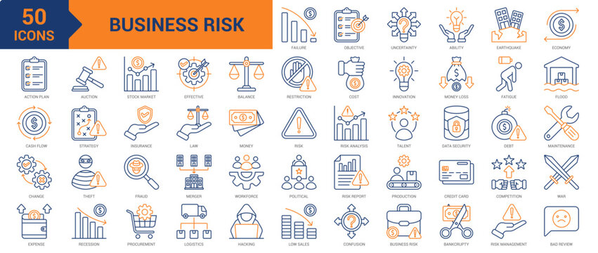 Business Risk colored line icon collection set. Containing competition, war, recession, restriction, hacking, low sales, uncertainty, bankruptcy, risk management, bad review, failure, fraud icons