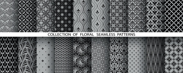 Geometric floral set of seamless patterns. Gray and black vector backgrounds. Damask graphic ornaments