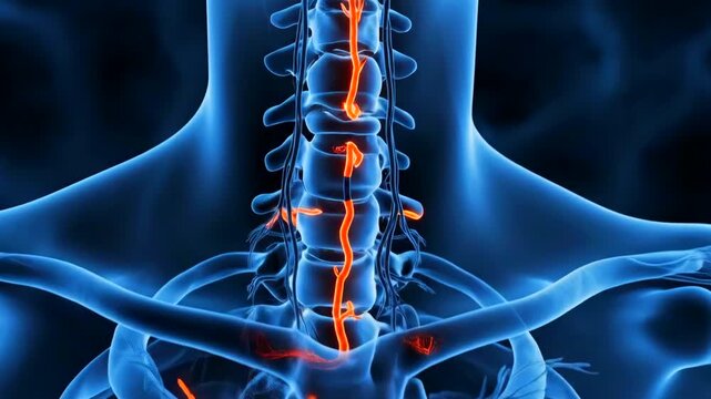 Indepth imaging highlighting nerves and bones within chest cavity, Detailed visualization of thoracic nerve pathways and skeletal components through advanced imaging techniques