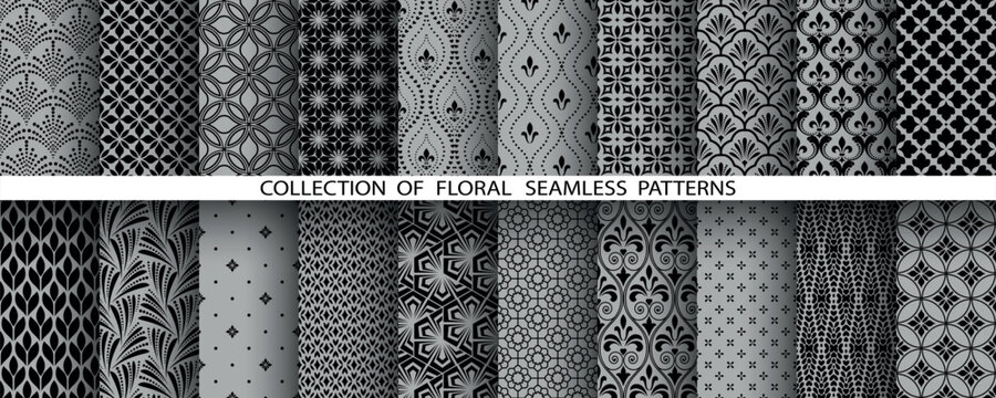 Geometric floral set of seamless patterns. Gray and black vector backgrounds. Damask graphic ornaments