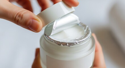 Close-up of hands opening a jar of white cream or cosmetic product.