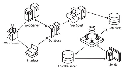 Line Art IT Network Architecture Diagram with Servers and Databases