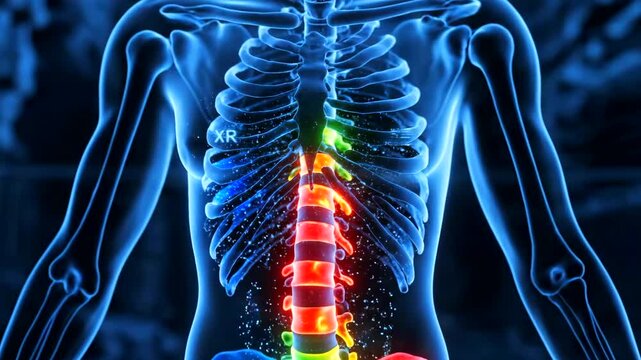 thoracic spine colorcoded vertebrae caucasian female diagnostic scan showing ribcage and midspine alignment with green yellow red segmentation, posture assessment and respiration