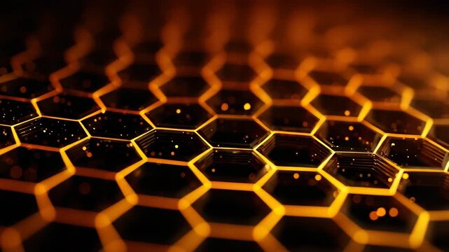 Glowing golden honeycomb hexagon grid with depth and bokeh lights futuristic abstract network pattern conveying technology and energy Golden honeycomb grid with glowing hexagon edges and floating