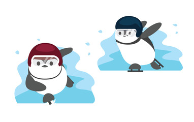 Speed Skating Penguin Front Cartoon Character Winter Sport Set