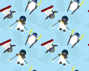 Winter Sports Penguin Ski Snowboard Cute Cartoon Character Seamless Pattern Background