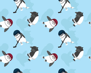 Winter Sports Penguin Hockey Skating Cute Cartoon Character Seamless Pattern Background